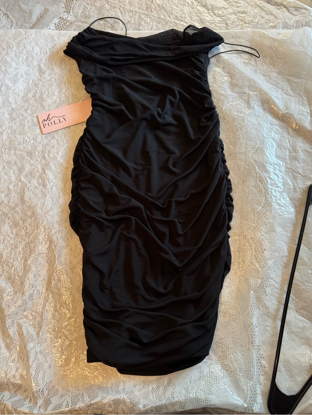 Oh Polly Black Ruched Mini Dress with Spaghetti Straps